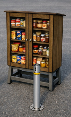 A Nourish Network pantry: a wooden double-door cabinet on a sturdy stand, stocked with canned goods, pasta, and jarred food